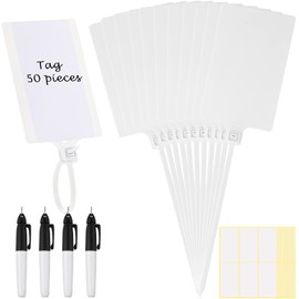 Waterproof Plastic Tags with Marker Pens and Sticker Labels, Self Locking Bag Tags Writable Tags with Wire Cable Ties for Luggage (White, 50 Pieces)