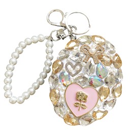 1Pcs Rhinestone Compact Mirror Heart Keychain, Portable Double-Sided Makeup Mirror with Key Ring Cute Bling Folding Cosmetic Mirror Keychain for Purse Travel Gift (Random Color/Style)