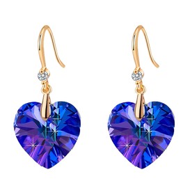 Austrian Crystal Heart Dangle Drop Earrings for Women 14K Gold Plated Hook Earring Hypoallergenic Jewelry (Violet)
