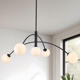 PAKOKULA Modern Chandelier 5 Light Black Glass Globe Chandelier Mid Century Sputnik Ceiling Light Fixtures for Dining Room Kitchen Island Bedroom Living Room