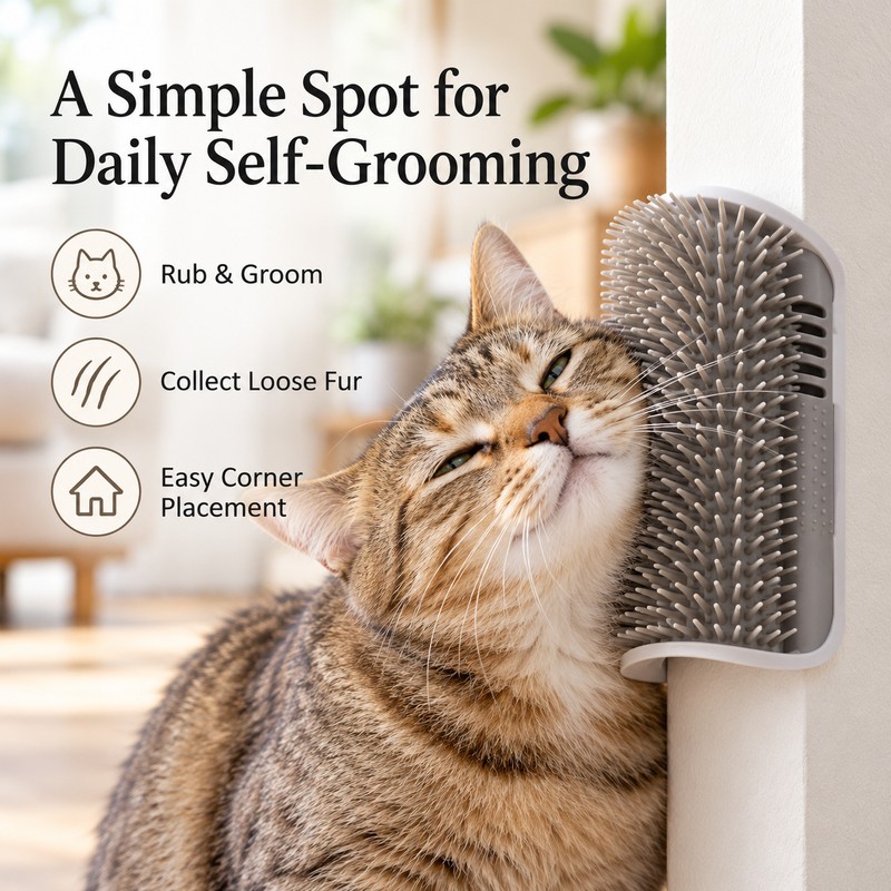 Wall Corner Cat Grooming Brush for Self-Grooming – Curved Massage