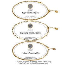Ankle Bracelets for Women, 18k Gold Anklets Set Layered Cuban Paperclip Rope Link Chain Golden Anklet Adjustable Size, Summer Beach Waterproof Foot Jewelry for Women (3 PCS)
