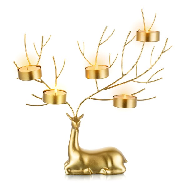 Sziqiqi Portavelas de reno para velas de té de Navidad, 5 velas, portavelas de té, adorno decorativo de metal de ciervo para centro de mesa, granja, chimenea, repisa, regalo para Navidad