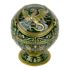 Dragon Ashtray with Lid – Jade Green Gold Zinc Alloy Windproof Ashtray, 3D Embossed Design, Cone Incense Burner for Man Cave, Fantasy, Medieval Room