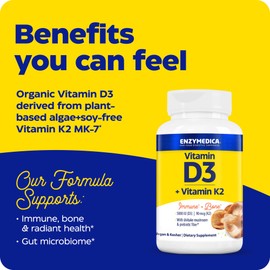 Enzymedica Enzymedica, Organic Vitamin D3+K2, 5,000 IU VIT D3 & 90 mcg VIT K2 MK-7, with Shitake Mushrooms & Prebiotic Fiber, Vegan, 60 Count
