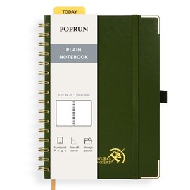 POPRUN Blank Journal Notebook [A5-5.75'' x 8.25''] - 120 GSM Thick Paper, 141 Numbered Pages, Spiral Hardcover for Men & Women with Pocket, Index Tabs, 8 Perforated Sheets, Olive