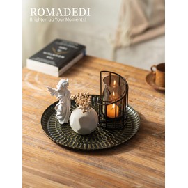 Romadedi Round Decorative Candle Tray - 11.8 Inch Vintage Hammered Metal Trays with Distressed Black Gold Finish Circle Candle Plate for Coffee Table Kitchen Counter Organizer Home Decor