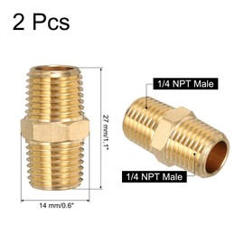 sourcing map 2pcs Hex Nipple Brass Pipe Fitting, 1/4 NPT Male x 1/4 NPT Male Threaded Pipe Adapter Pipe Connector with PTFE Tape, Gold Tone
