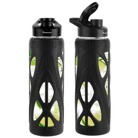 24oz Glass Water Bottle with Silicone Sleeve and Spout Lid - High Borosilicate Glass, Wide Mouth, Leakproof with Handle, BPA-Free, Perfect for Hydration on the Go (Jet Black）