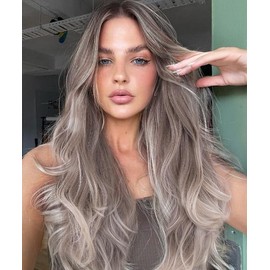 EALGA Ash Brown Wigs for Women, Ombre Silver Blonde Hair Lace Front Wig with Brown Roots, Natural Wavy Glueless Wig 22 inch Middle Part EALGA-081-NEW