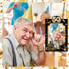 Geelin 12 Pcs 50th Birthday Party Supplies Black Gold 50th Bday Fans for Guest Blank DIY Custom 4x6 Photo Holders Big Head Cutout on a Stick Photo Props for Birthday Party Decorations