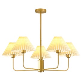 YOGIRL Gold Chandelier Light Fixture, 5-Lights Mid Century Chandelier with Shades for Dining Room Light Fixture, Adjustable Height White Pleated Farmhouse Pendant Light for Bedroom Ceiling Lamp
