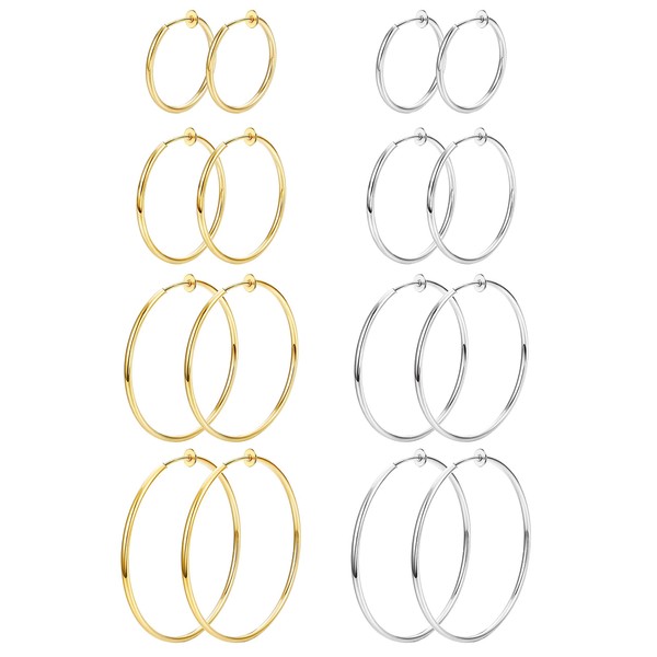 Thunaraz 8 Pairs Clip On Hoop Earrings Stainless Steel Clip