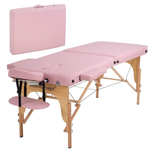 Portable Massage Table Massage Bed SPA Bed Height Adjustable 73 Inch Long 28 Inch Wide 2 Fold Massage Table PU Portable Salon Bed Carry Case Reiki Table