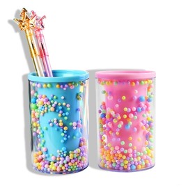 Hoshisea 2 pieces round pen holder, pen holder, desk, make-up brush holder, acrylic, 7 x 11 cm, becomes a child, office accessories, washbasin (pink, blue)