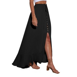 Minclouse Women's Elastic Tie Waist Button Down Maxi Skirts Casual Loose Flowy Swing Slit Front Dress (Black,Small)