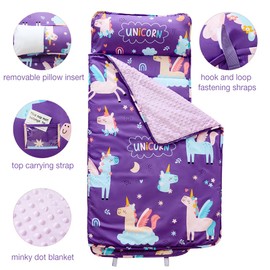 JUNCAI Toddler Nap Mat with Removable Pillow and Plush Blanket, Roll Up Napping Mats for Kids Ages 3-6 Years, Kid Sleeping Bag for Preschool Daycare Travel Camping, 53" x 23"