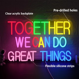 AEHEMNGZ Together We Can Do Great Things Neon Sign Multicolor Encourage Letter Neon Light for Wall Decor Dimmable Positive Affirmation LED Light Sign for Wedding Party Store Home Birthday (16.54*10.63)