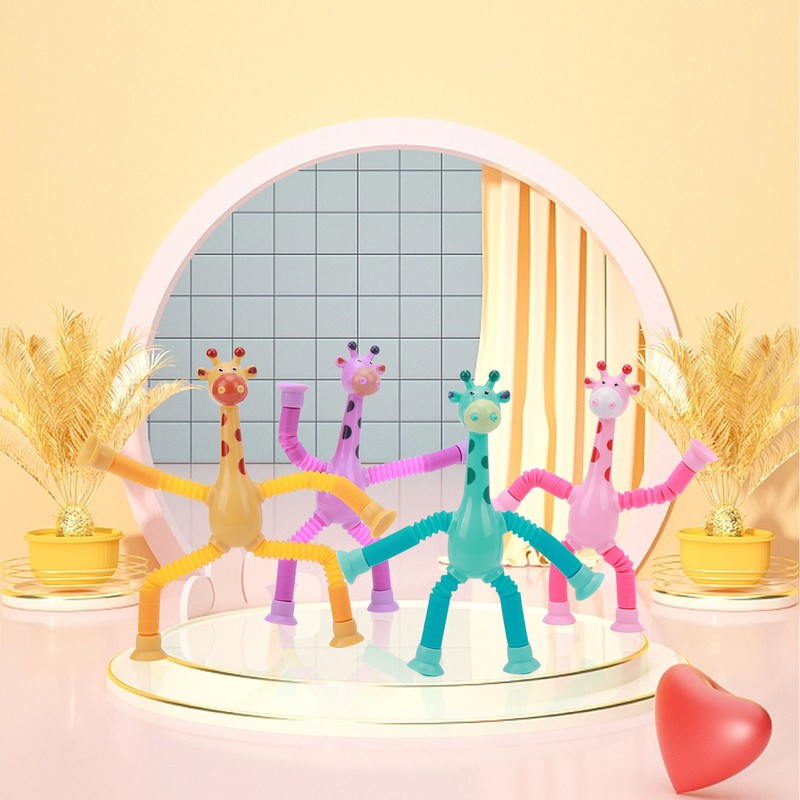 4Pcs Giraffe Tube Toy Telescopic Suction Cup Tube Giraffe Toy