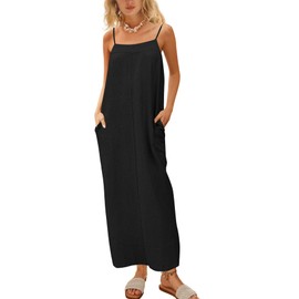 ReachMe Womens Linen Maxi Dress Summer Spaghetti Strap Long Dresses Square Neck Sleeveless Backless Dress with Slit(Black,M)