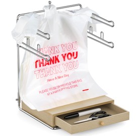 GIGIFTREE Plastic Grocery Bag Holder, Chrome T-Shirt Bag Rack, Plastic Bag Organizer with Wooden Drawers Base for Grocery Store, Supermarket, Restaurant, Business (Brown)