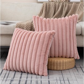 ZLINA Set of 2 Baby Pink Faux Fur Decorative Throw Pillow Covers Fluffy Striped Pillowcase Cushion Covers 22 x 22 Inch Decor Sofa Couch Bedroom