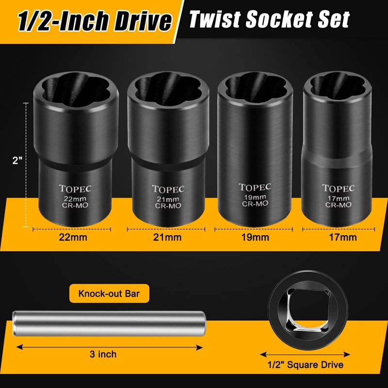 Topec 5PCS Lug Nut Extractor Set, 1/2-Inch Drive Wheel Lock