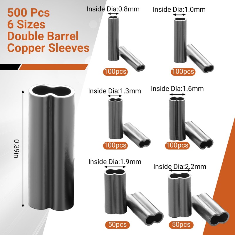 Therwen 500 Pcs Mini Double Barrel Copper Sleeves 6 Different