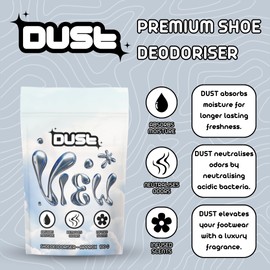 DUST VIEW Shoe Deodorizing Powder (100g) – Premium Odor Eliminator with Aventus-Inspired Fragrance – Long-Lasting Freshness for Sneakers, Gym Shoes, Boots & More – Resealable Pouch