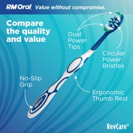 RM Oral RevCare Medium Toothbrush, Circular Power Bristles Power Away Plaque, Tongue & Cheek Cleaner Fights Bad Breath, Value 10 Count