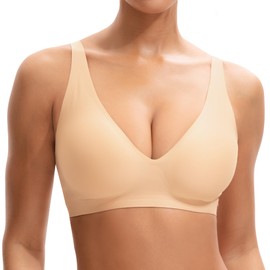 INNERSY Women's Bra Without Underwire Seamless Bra V-Neck Comfortable Classic Bra with Bra Extension, beige, L