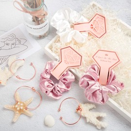 8 Pieces Satin Hair Scrunchies Bridal Shower Scrunchy Hairbands and 8 Pieces Bridesmaid Bracelets with I Can't Tie The Knot Without You Bridesmaid Cards (Pink and White Scrunchies)