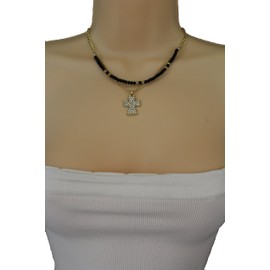 TFJ Women Fashion Short Necklace Metal Chains Mini Cross Pendant Black Beads Gold Color