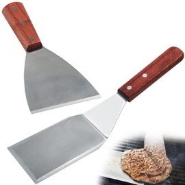 2 PCS Wood Handle Grill Spatula, lyfLux Stainless Steel Large Turner, Slant Edge Grill Scraper for Barbecue spatula, Hamburger Spatula, Cast Iron Skillet, Griddle Scraper