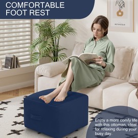 MeMoreCool Square Stuffed Pouf Ottoman Foot Rest, Floor Pouf Foot Stool with Foam Chunk Filling, Soft Stuffed Ottoman Footrest for Living Room, Navy