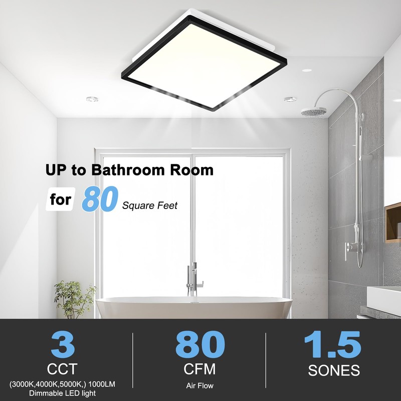 Tech Drive Bathroom Exhaust Fan with Light,80CFM 1.5Sone,Super Quiet Bathroom