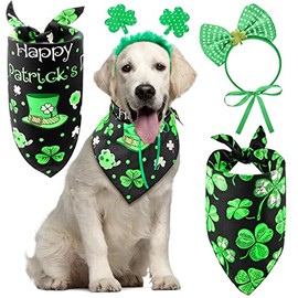 4 Pieces St Patrick's Day Dog Costume 2 Sequin Irish Shamrock Headband Bowtie 2 Shamrock Dog Bandana Dog Scarf for Dogs Pets Costume Decorations Supplies, Green