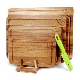 WILLKOMMEN Acacia Wood Cutting Boards for Kitchen, 4-Piece Chopping Board Set with Food Icon (Meat, Fish, Vegetables, Fruits) Wooden Butcher Block with Stands, Handles & Juice Groove (S,M,L,XL)