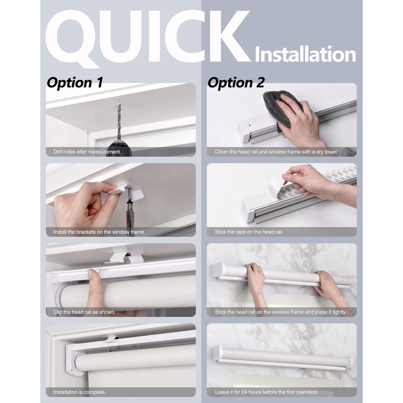 LazBlinds No Tools No Drill Cordless Roller Shades, 100% Blackout