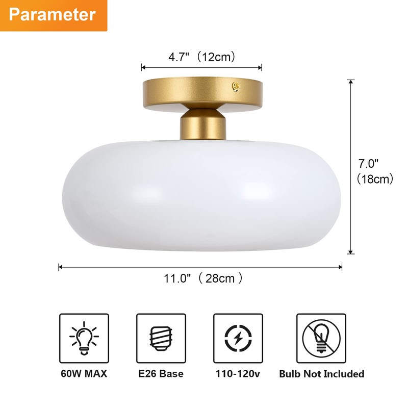 WOKNOS Mid-Century Modern Gold Semi Flush Mount Ceiling Light, Kitchen