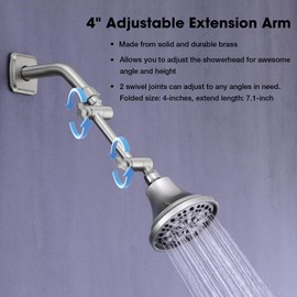 CLOVERMAP Adjustable Shower Head Extension Arm, 4 Inch Anti-Leak Shower Head Extender for Rain and Handheld Shower Head, Solid Brass Universal Shower Arm Extension (Brushed Nickel)