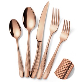 Lemeya 20-Piece Hammered Rose Gold Silverware Set for 4 with Serrated Forging Knives,18/10 Stainless Steel Modern Flatware Set,Unique Cutlery Set Spoons and Forks Set,Mirror Polished,Dishwasher Safe