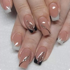 French Tip Press on Nails Rhinestone Fake Nails Medium Square Stick on Nails Glossy Nude Acrylic Press ons Cute False Nails Full Cover Artificial Nails Natural Stick on Nails for Women 24Pcs
