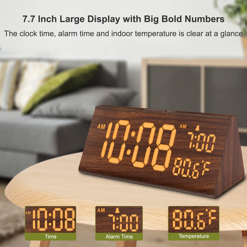 DreamSky Wooden Digital Alarm Clock for Bedroom - 7.7" Electric