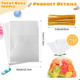 100Pack Clear Cellophane Treat Bags: 5x7 Inch Small Clear Plastic Gift Bags with 110 Gold & Green Twist Ties for Gift Wrapping, Packaging Candy, Party Favors, Cookies, Snacks and Cotton Candy