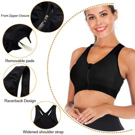 FLORATA Zip Front Sports Bra Post Surgery Bra Yoga Sports Bras for Women, Racerback Bra with Removable Cups