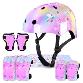 MHJY Kids Helmet and Pads Set with DIY Stickers Girls Bike Helmet Age 3-8 Years Unicorn Knee and Elbow Pads Adjustable Protective Gear for Children Cycle, Skateboard Scooter, Roller Skates