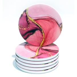 Set of 4 Ceramic Drink Coasters Pink Marble Pattern - Absorbent Cork Base - Heat Resistant - Non-Slip Grip Base - Housewarming Gift (Set of 6)