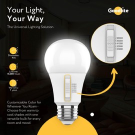 Goodlite A19 LED Bulb, 5 Color Selectable 3000K-3500K-4100K-5000K-6500K, 1100 Lumens, 12W (75W Equivalent), High CRI, 5% Dimmable, UL Listed, Enclosed Fixtures & Damp Rated, 15,000 Hrs. 1ct (G-10882)