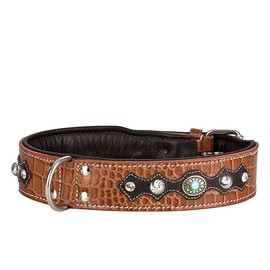 Michur Lakota Leather Dog Collar Brown Leather Blue Stones with Round Studs Available in Various Sizes